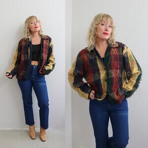 1990's Vintage Color Block & Fringe Lightweight Jacket Women's MD LG ~ Men's MD